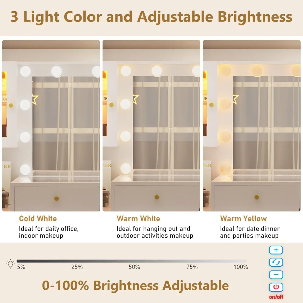 مكتب مكياج كبير مقاس 62 بوصة مزود بمرآة مضيئة وسطح زجاجي ومخرج طاقة وتخزين 8 أدراج