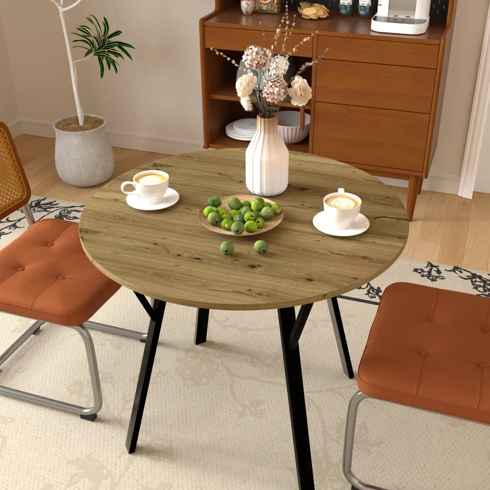 Orraves 35.43 Inch Round Dining Table, Small Circle Kitchen Table with Metal Black Legs for 2-4 People, Modern Dining Room Table, Brown (Only Table)