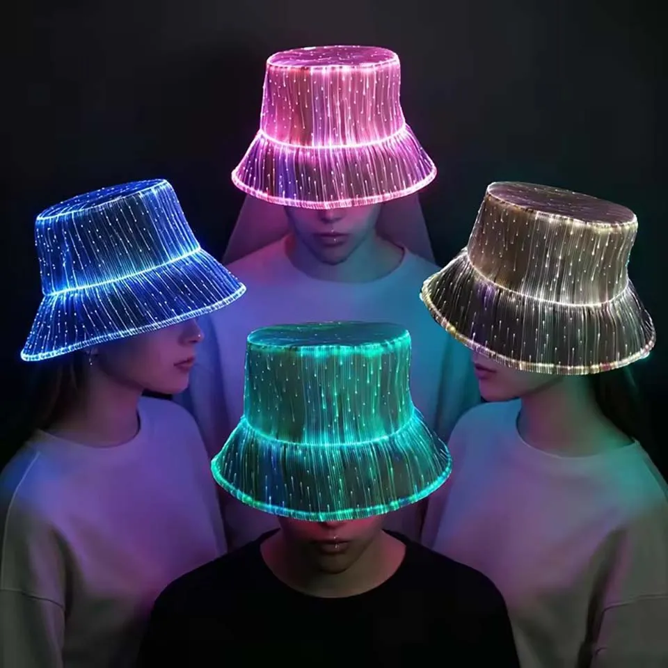 Fashionable Led Mutil-Color Luminous Glowing Hat Fiber Optic Cyberpunk Luminous Bucket Hat