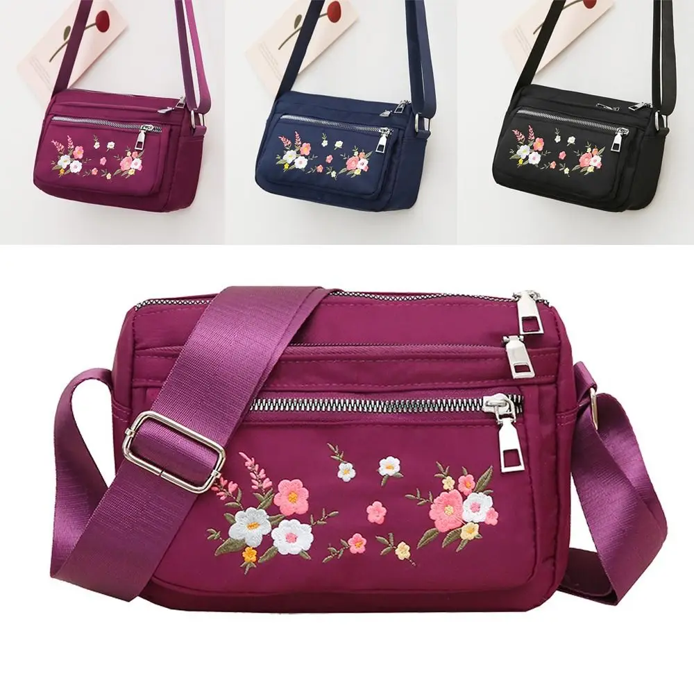 Nylon Shoulder Bag Embroidery Flower Zipper Closure Messenger Bag Wear Resistant Large Capacity Mom Crossbody Bag Outdoor