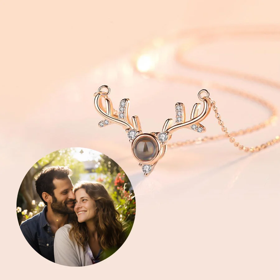 Custom Color Photo Projection Necklace Antlers Zircon Copper Pendant Titanium Steel Chain 2025 New Girlfriend Mom Festival Gifts