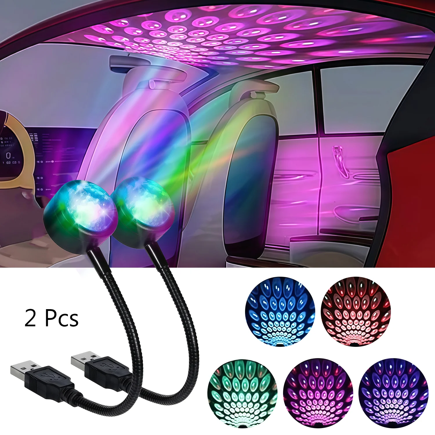 2Pcs Car Ceiling lnterior Lights,  Portable Adjustable USB Atmosphere Light Cool Car Stuff for Men Led Lights for Car