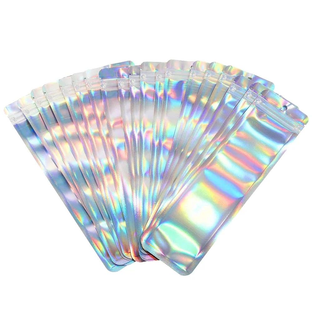 

50pcs Long Holographic Packaging Bags Ziplock Laser Seal Pouch For Party Nail Eyelash Favor Food Storage Jewelry Display 2035