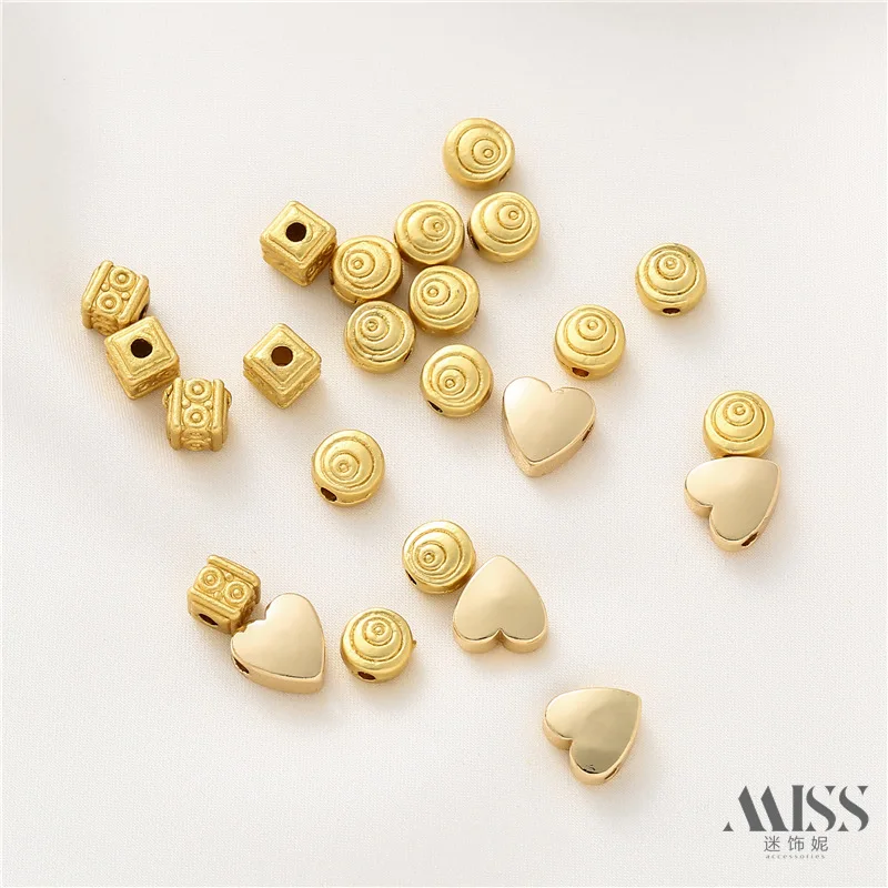 18K Vintage Gold Plated Through Hole Beads, Round Disc, Heart, Square Pattern Spacer Beads, DIY Jewelry Accessories