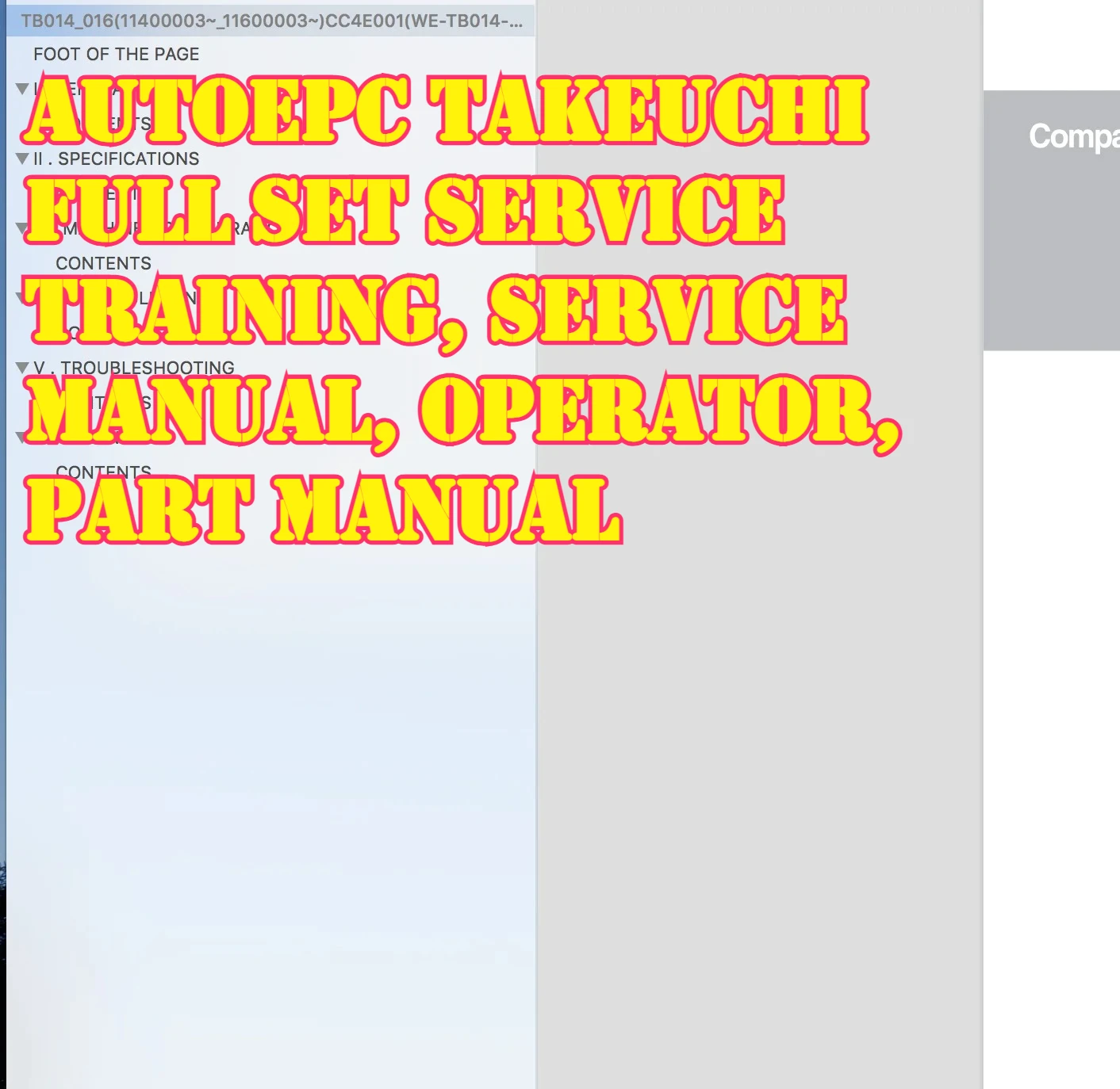 

Комплексное обучение AutoEPC Takeuchi: руководство по обслуживанию, инструкция оператора, руководство по ремонту деталей