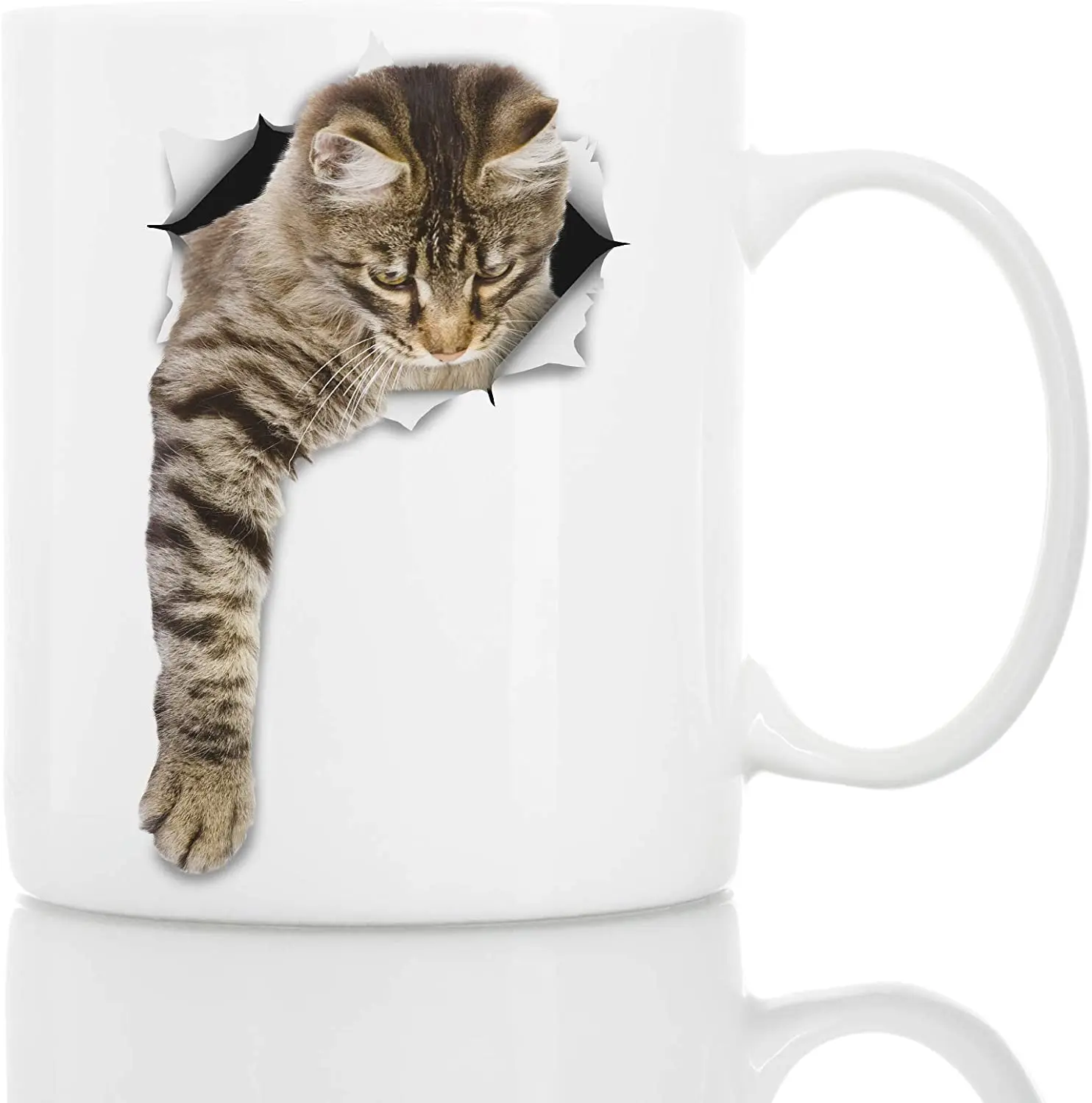 Cute Reaching Tabby Cat Coffee Mug - Ceramic Funny Coffee Mug - Perfect Cat Lover Gift - Novelty Coffee Mug Present (11oz)