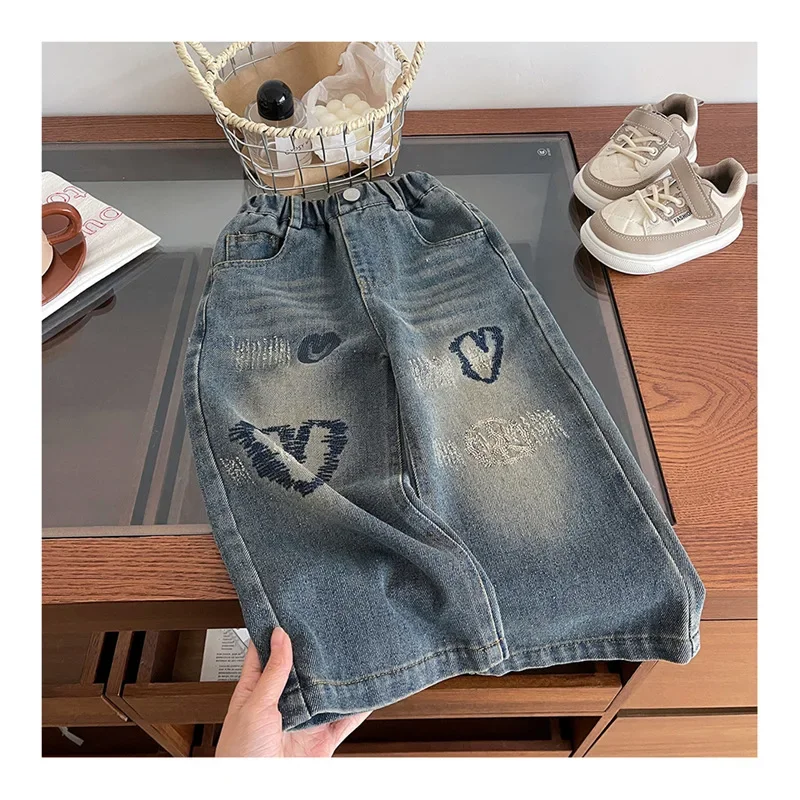 

Heart Embroidery Girls Wide Leg Pants Baby Girl Loose Casual Straight Jeans New Spring Fall Kids Baby Clothes