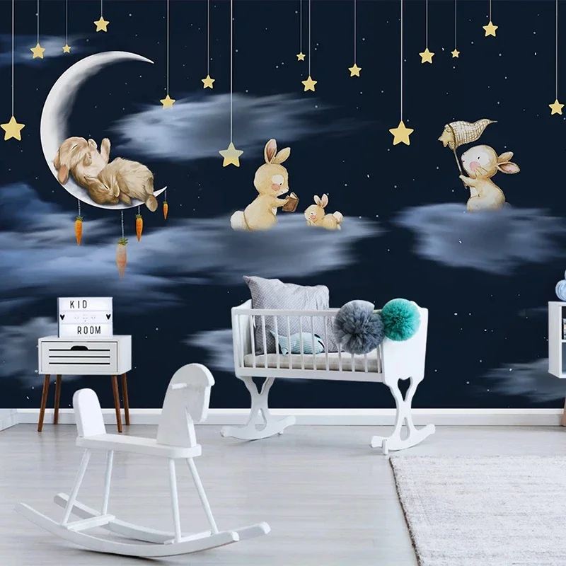 

Custom Mural Mediterranean Style Cartoon Rabbit Moon Star Night Sky Children Room Boy Bedroom Decoration Wallpaper For Kids Art