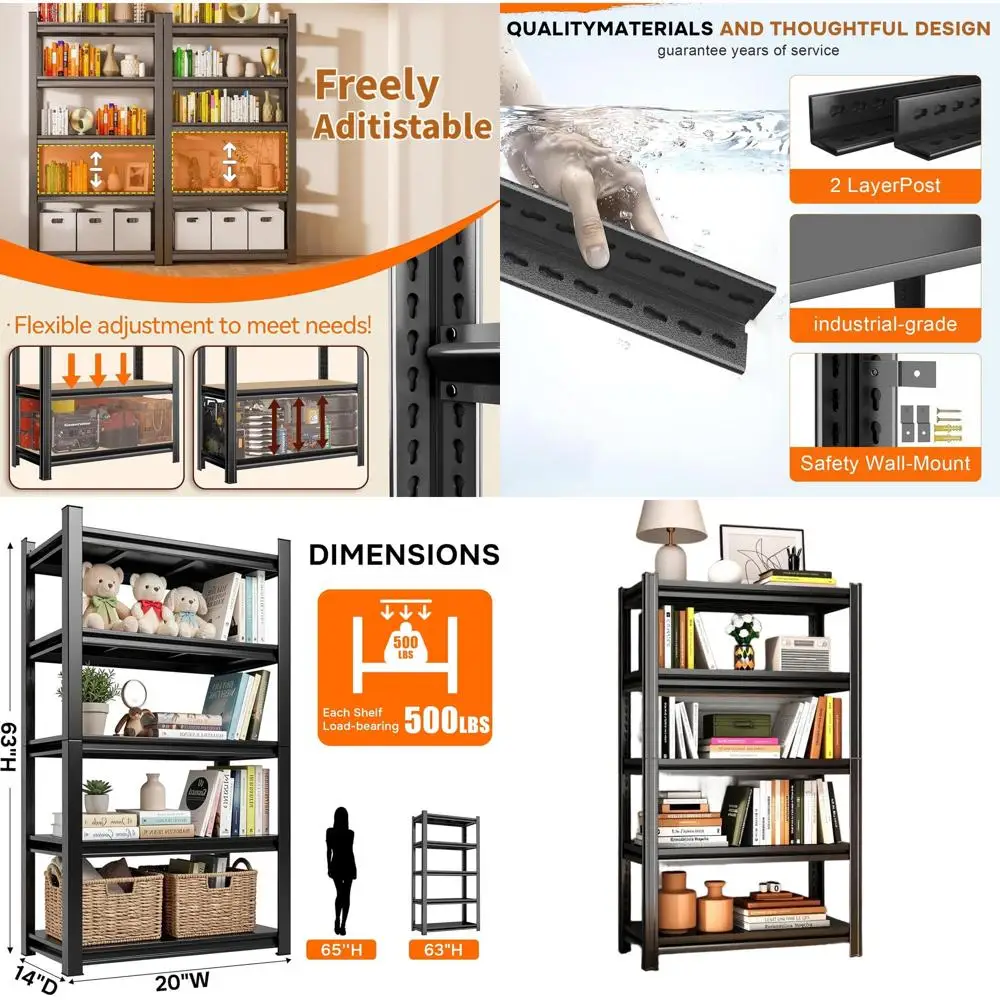 

Промышленный металлический книжный стеллаж высотой 63 дюйма, 5-ярусный - прочное хранилище для книг и демонстрации в гостиной, спальне или офисе, простая сборка