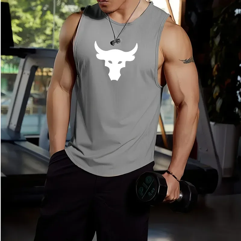 2025 Summer New Muscle Fitness Bull Head Printed Men's Quick Drying Tank Top for Running Training Breathable Sleeveless T-shirt image 2