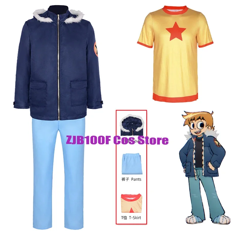 Disfraz de Cosplay de Scott Pilgrim para adultos y niños, uniforme de Anime, conjunto de pantalones y abrigo superior, traje de juego de rol para fiesta de Halloween