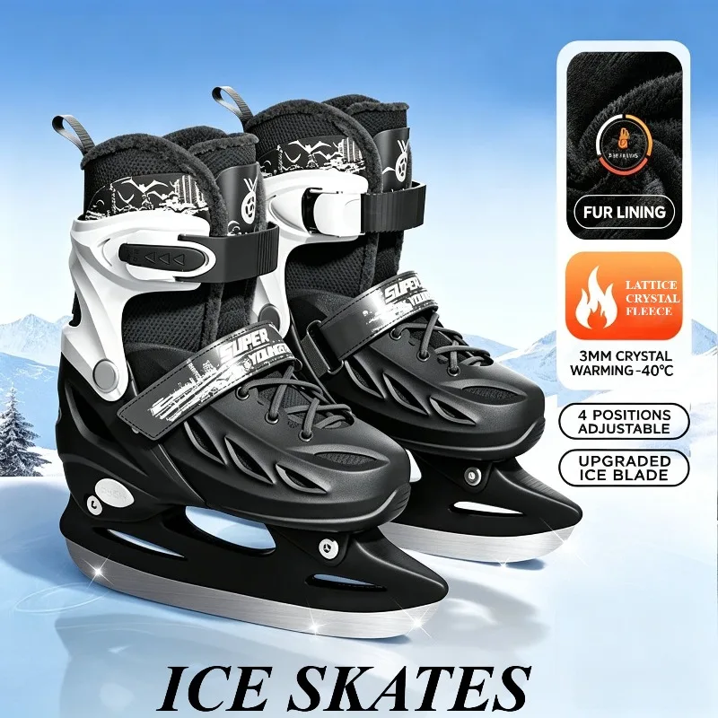 Adjustable Size Ice Skating Shoes Safety Anti‑Collision Ice Hockey Shoes Warm Thickened Liner Adults Kids Ice Blade Skate Shoes