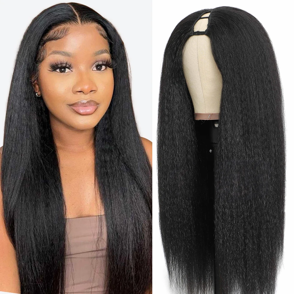 Kinky Straight U Part Yaki Perruque de cheveux synthétiques pour femme, 10-30 po, partie en V, sans colle, entièrement fabriquée à la machine, 03 utilisation