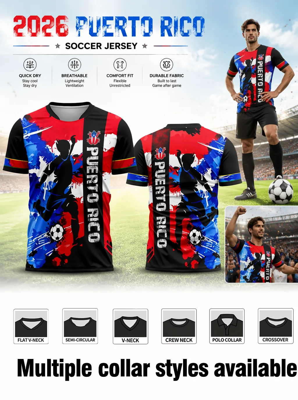 camisa-de-futebol-porto-rico-com-estampa-de-silhueta-de-jogador-de-futebol-tecido-respiravel-de-secagem-rapida-e-diversas-opcoes-de-gola