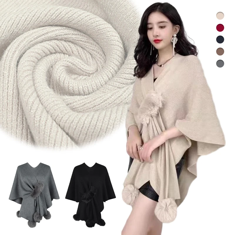 

Women Solid Knitting Poncho Capes Autumn Winter Open Front Sweater Slim Fit Elegant Shawl with Fluffy Pompoms Crochet