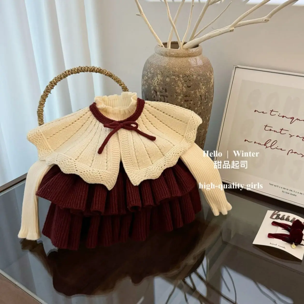 

Elegance Winter Autumn Childent Warm Girls Sweet Thick Knits Vest shawl+Sweater +Pleated Cake skirt 3Pcs Suits Kids Clothes