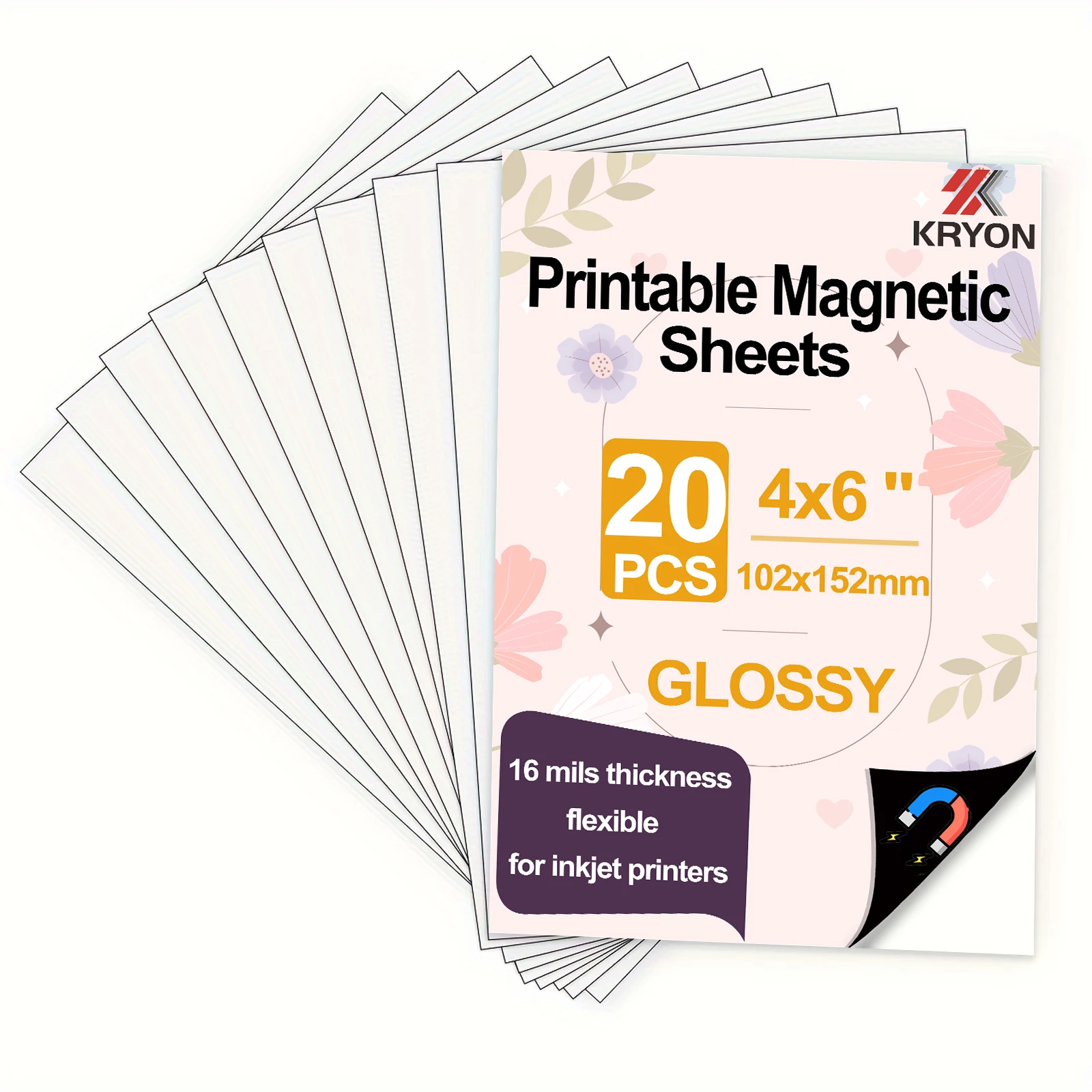 KRYON 20 PCS 4 X 6 Inch 152x102mm Glossy Printable Magnetic Sheets 16 Mils Thickness Magnet Photo Paper for Inkjet Printers