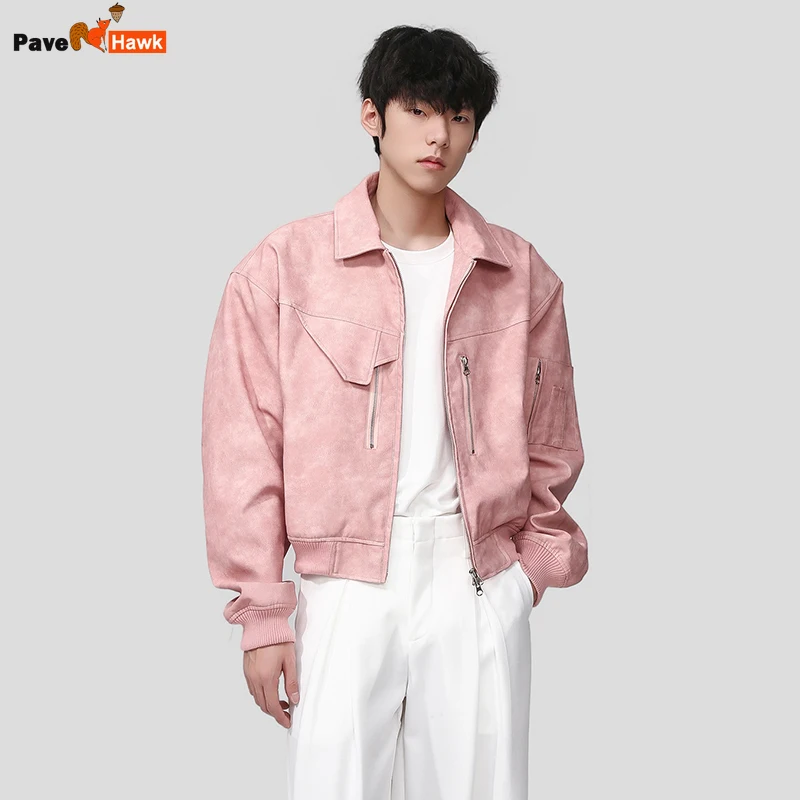 

Men's Leather Jacket Fashion Tie-dyed Male Motorcycle Casual Pu Bomber Outerwear Spring Autumn New Short Racing Coat Women New