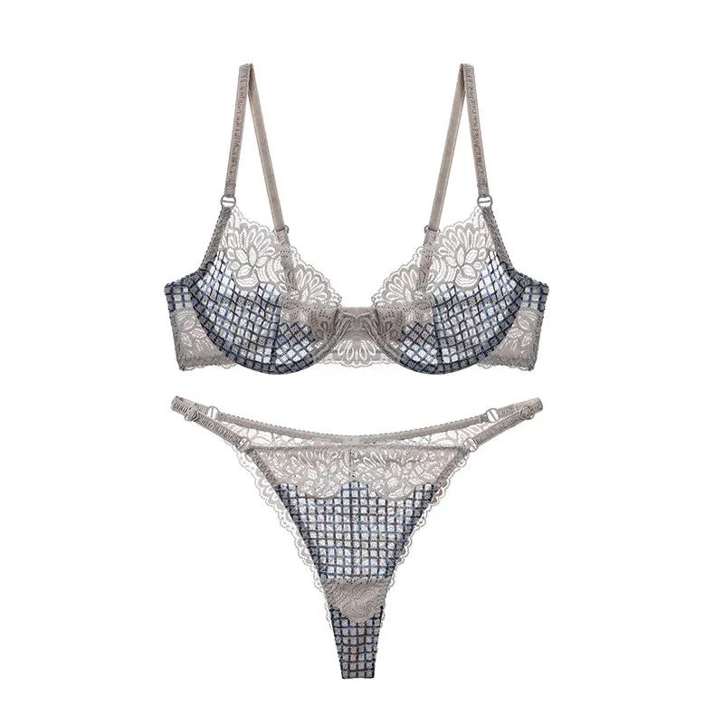 Hot Sale Women Plaid Lace Brassiere Kit Soft Underwire Ultra Thin Push‑Up Side Bulge Reduction Comfort Breathable Underwear Suit
