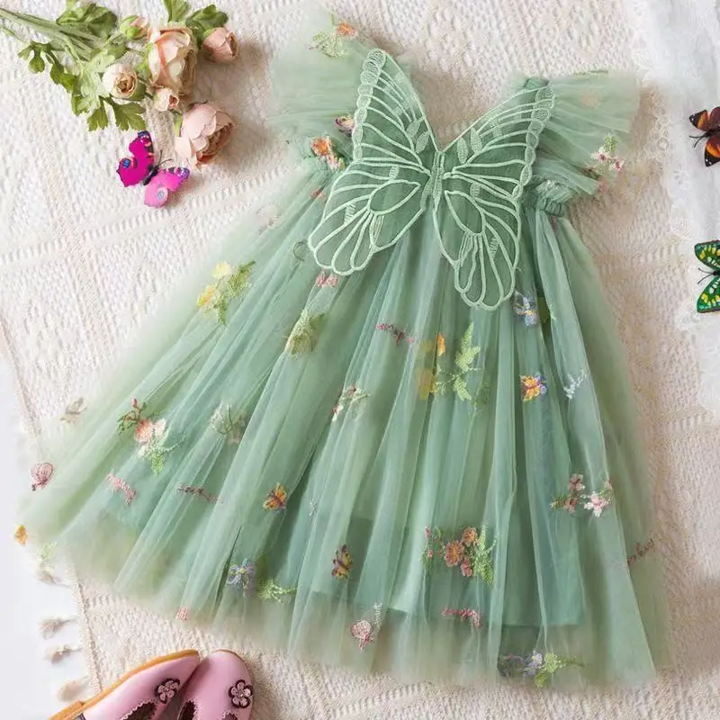 

Girl Korean Flower Embroidery Girl's Mesh Skirt Flying Sleeve Strap Skirt Children's Dress Princess Puff Skirt