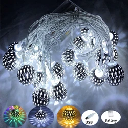 3M 5M 10M  Moroccan Silver Metal  Balls LED Fairy String Lights Battery USB Operated Wedding Christmas Outdoor Room Garland Deco