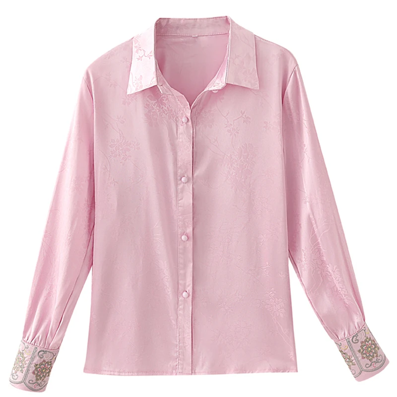 Camicetta da ufficio a maniche lunghe con camicia in raso jacquard da donna - Design elegante con ricamo per top primaverili autunnali da lavoro