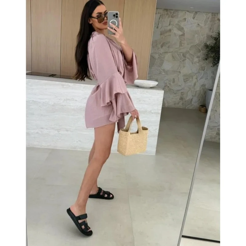 Primavera babados mangas duplas em camadas mini forro vestido cor sólida com decote em v irregular rendas até manga comprida vestido solto para mulher