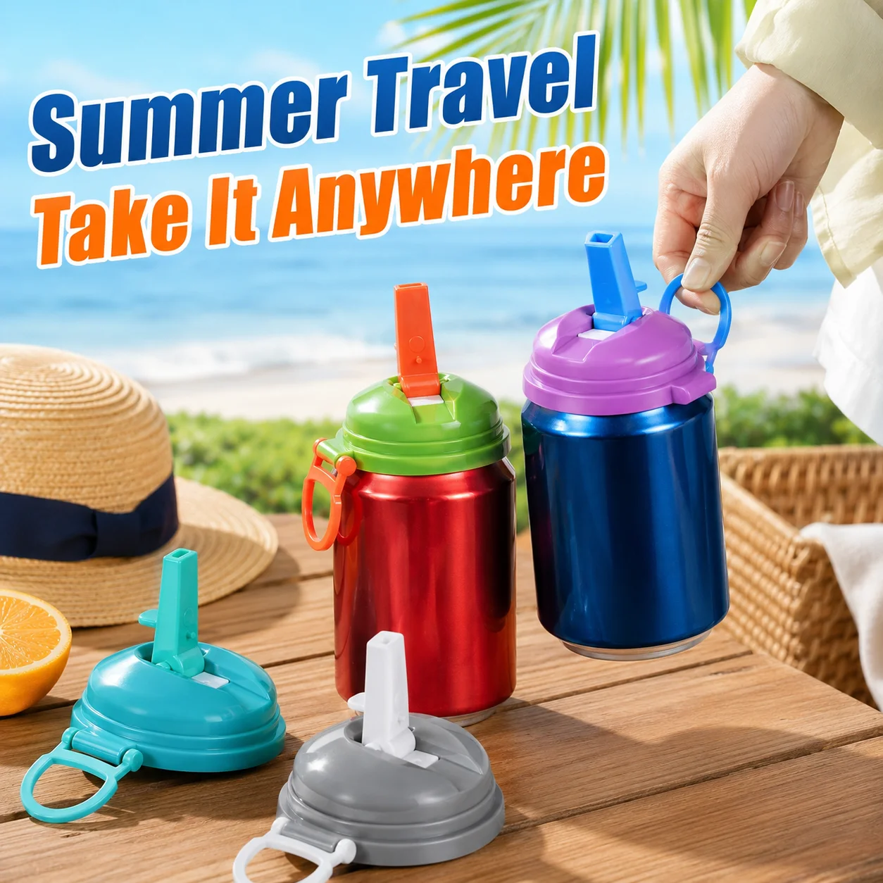 Soda Can Straw Lid Reusable Flip Cover with Carry Ring, Leak Resistant Drink Can Cap with Straw Opening, Portable Beverage Lid for Cola Soda Cans Summer Travel Accessories