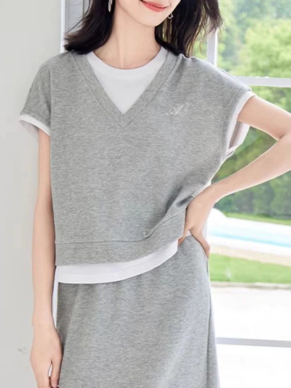 

Spring Summer 2026 Women's Casual Fashion Set Short Sleeve Top And Skirt Two Piece Set High Waist Midi Skirt Commute Style