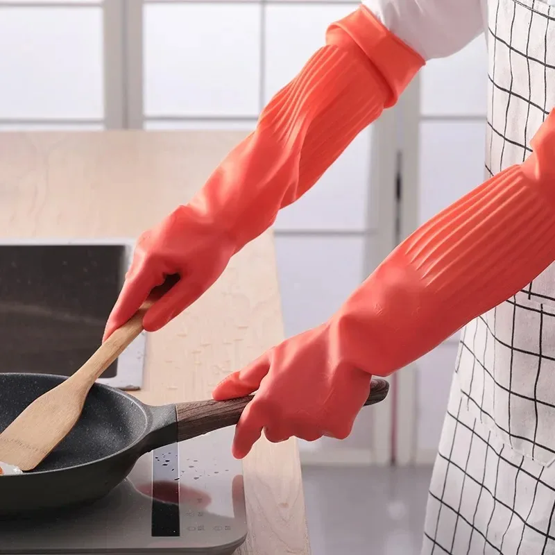 

2 пары латексных водонепроницаемых длинных перчаток 58 см, зеленые, розовые, утолщенные, для садоводства, уборки автомобиля, мытья посуды, ультрадлинные перчатки до локтя