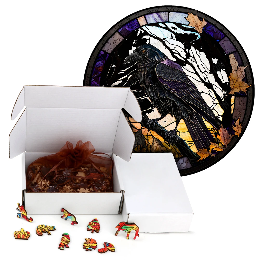 Misterioso de madeira pintada Black Bird Jigsaw Puzzle, Jogos inteligentes, Brinquedo divertido, Em forma redonda, Melhor presente para criança