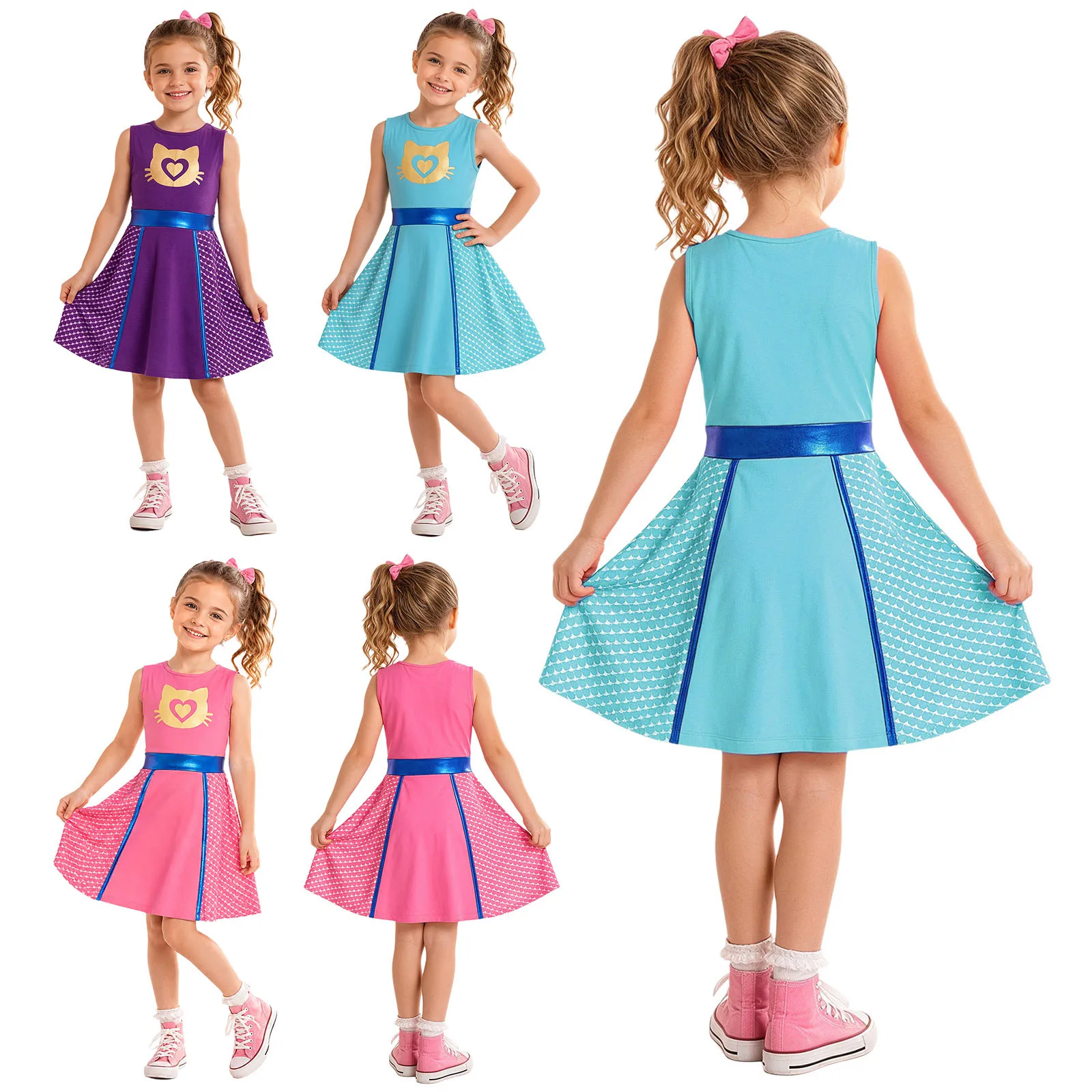 Kids Girls Carnival Theme Party Movie Character Dress Up Costume Cute Sleeveless Metallic Waist Cat Printed Color-blocked Dress