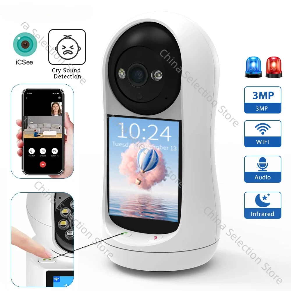 3MP PTZ Wifi Camera Video Call with 2.8 Inch IPS Screen Baby Cry Sound Detection Security IP Camera Baby Monitor ICSee