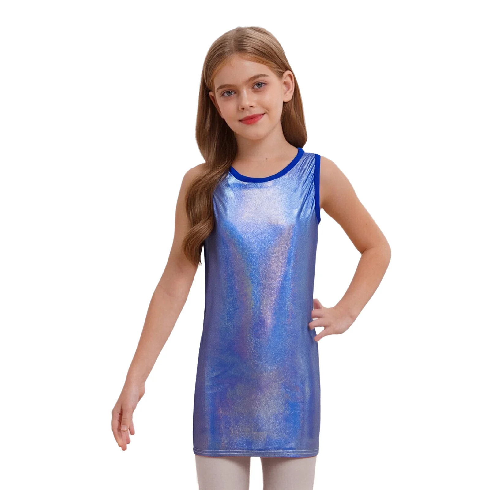 

Kids Girls Jazz Dance Dress Cheerleading Uniform Dress Metallic Mini Dots Sleeveless Round Neck Tank Dress for Stage Performance