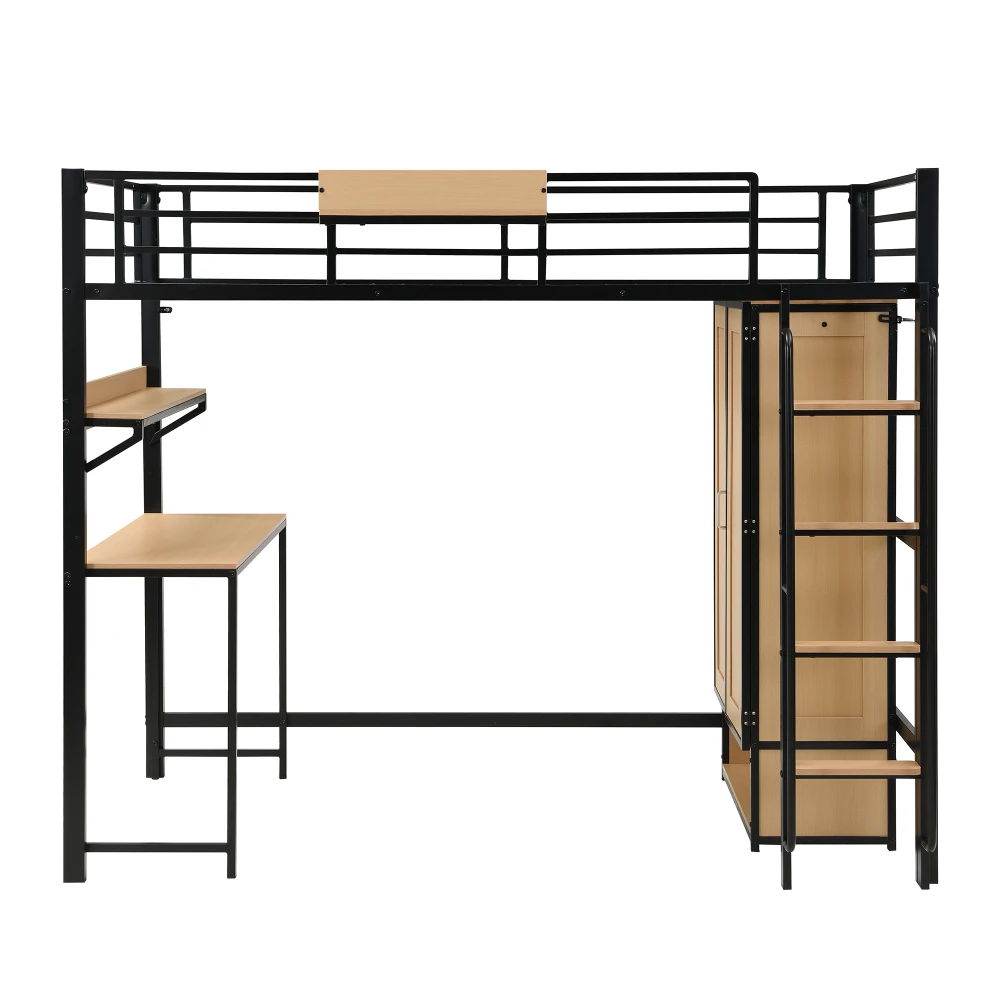 PINGGO Schwarz & Naturfarbenes Eisen-Etagenbett 90x200cm mit Kleiderschrank, Treppe, Schreibtisch, Staufächern, Metall, MDF, ohne Matratze – Detail 10