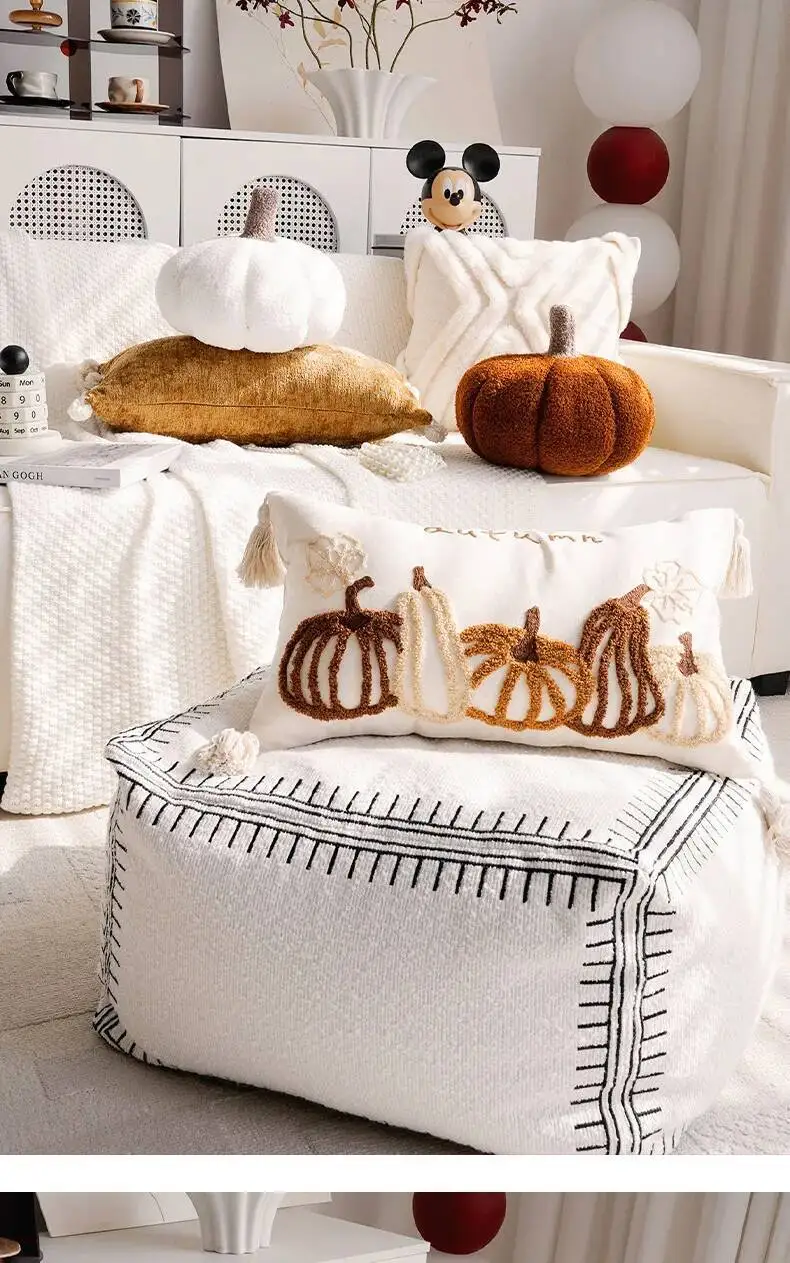 Niedliche Kürbis-Plüschkissenbezüge mit Pompons, weicher Samt-Chenille, dekorative Kissenhüllen für Sofa, Bett, Heimdekoration – Detail 9