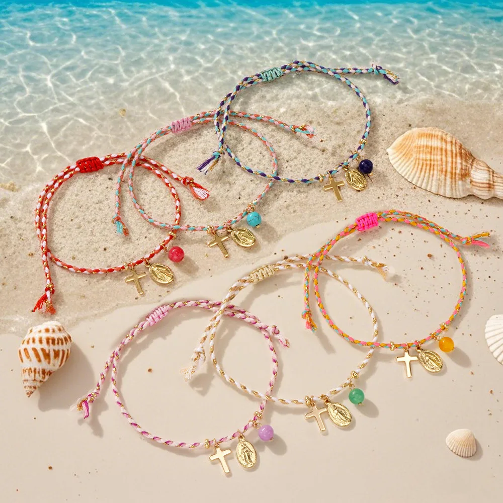 5 pcs/lot Boho Chic Virgin Mary Pendant Cross Necklace Rainbow Adjustable Cord Bracelet Gold Plated Brass Jewelry Gift for Women