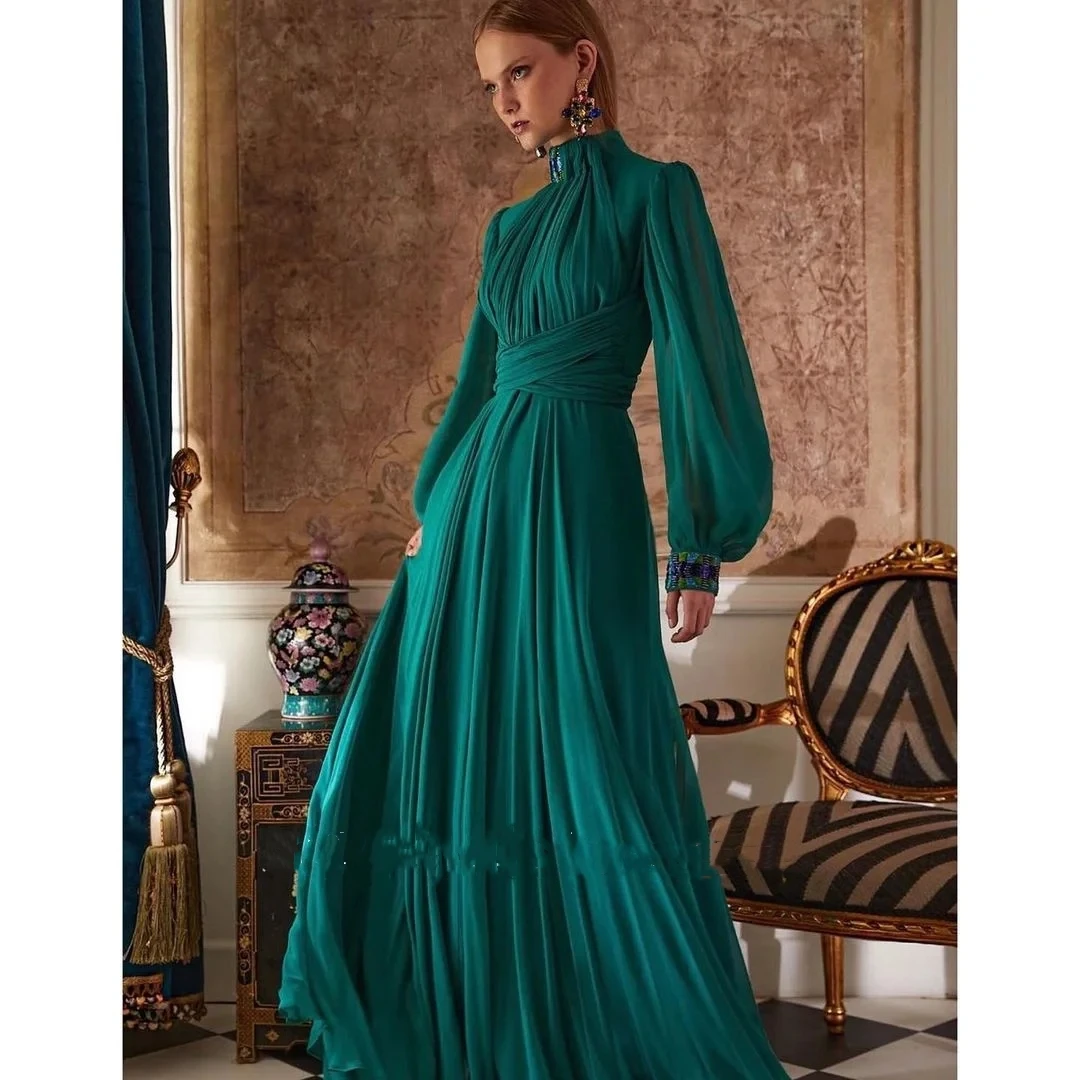 Gorgeous Green Chiffon High Neck Green Prom Dresses Puff Sleeves A-Line Elegant Satin Vintage Evening Gowns Formal Party Dress