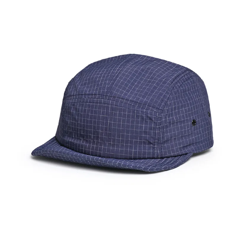 Outdoor Sport 5 Panel Cap Lightweight Nylon Running Baseball Cap Vintage Blue Checkered Flat Brim Cap for Travel Hiking
