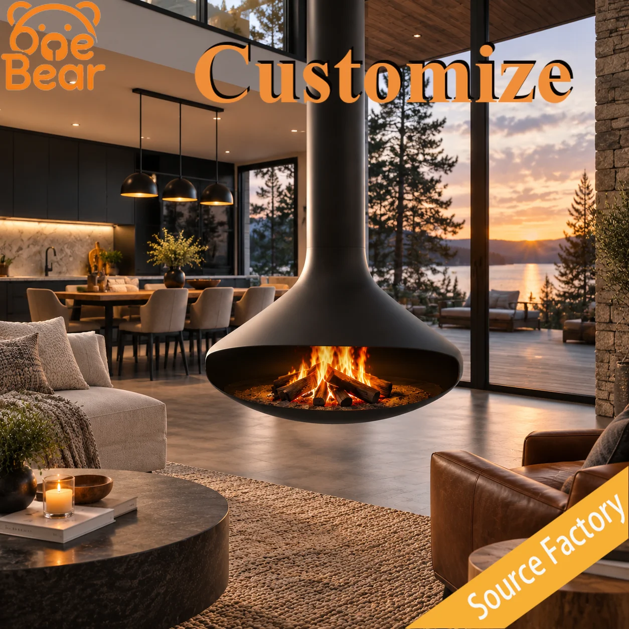 Customizable French Hanging Fireplace Flying Saucer Shaped Wood Burning Real Fire Stove For Cozy Holiday Cabin Living Room Decor