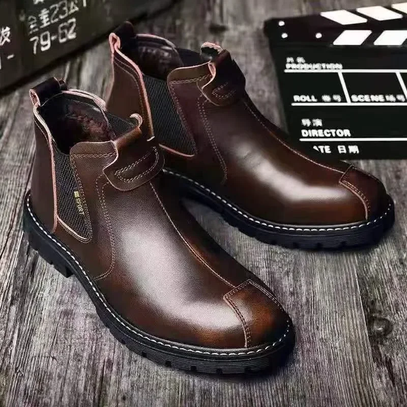 

High Quality Retro Men Ankle Boots British Chelsea Business Casual Leather Shoes Fashion Comfortbale Thick Sole Work Boots Botas