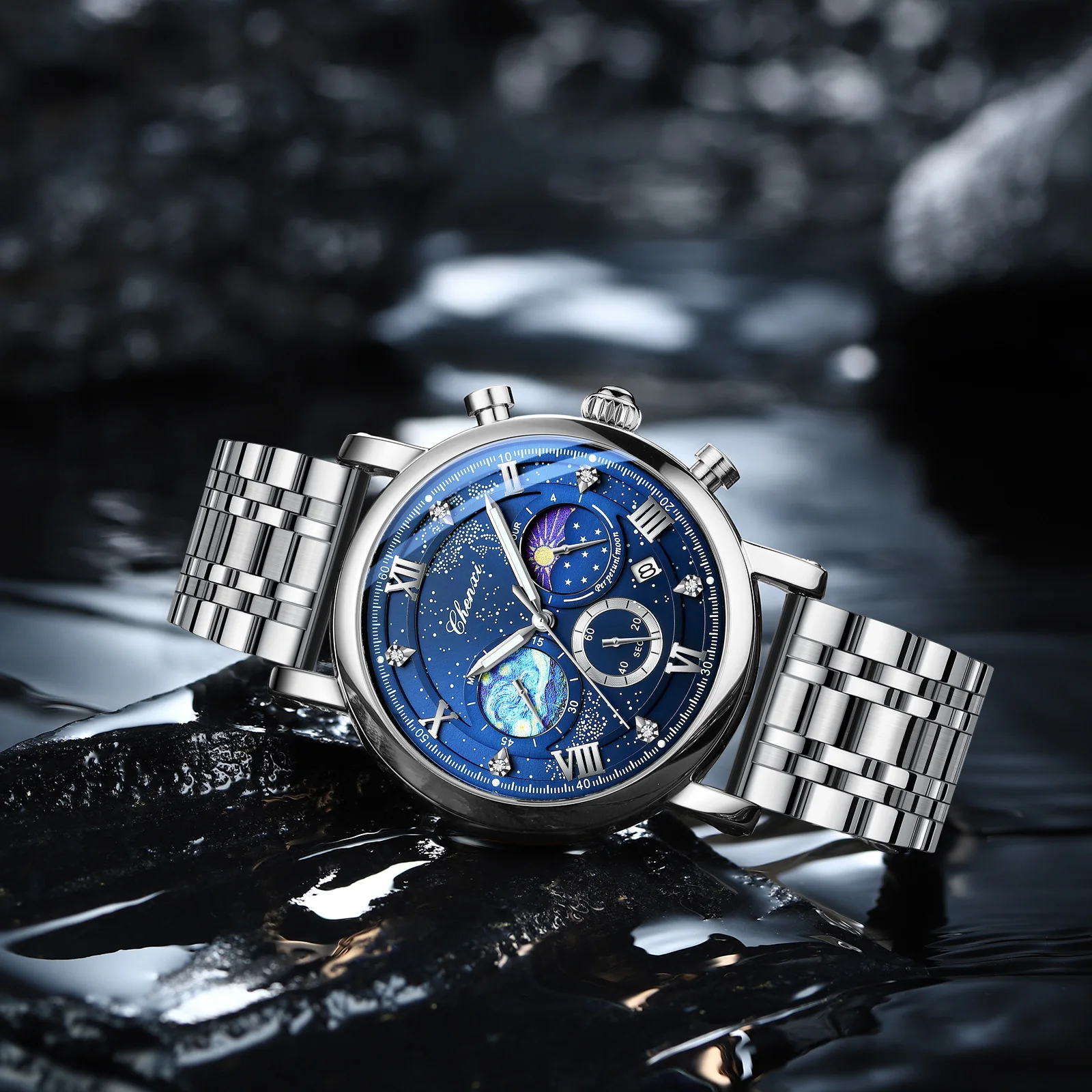 CHENXI NEW Man Watch متعددة الوظائف كرونوغراف القمر المرحلة تاريخ ساعات كوارتز للرجال السماء الهاتفي الفولاذ المقاوم للصدأ ساعة اليد