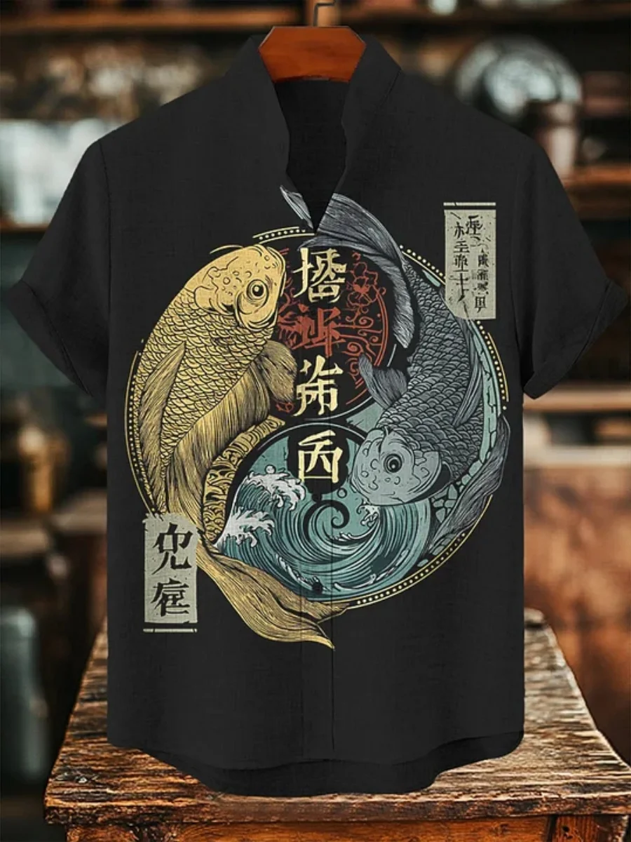 2026 Men's Short-Sleeve Shirt with Chinese Style Yin Yang Double Fish Koi Print, Casual Men's Vacation Hawaiian Trendy Top