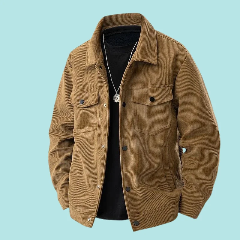 

Casual American Sle Men's Corduroy Jaet Spring Autumn Trendy Workwear Vintage Loose Fit Youthful Pure Color Button up