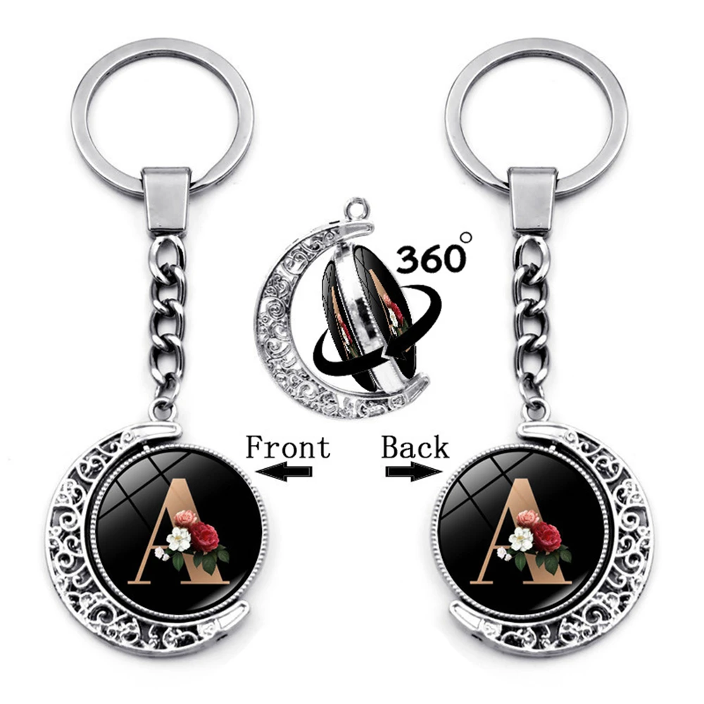 Double-Sided Rotating 26 Initials Letter Keychain Alphabet Charm Keyrings Moon Pendant Handbag Ornaments Accessories Key Holder