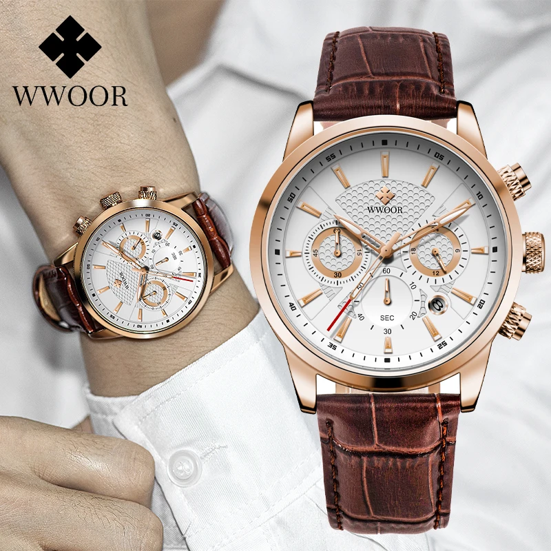 

WWOOR Luxury Men Watch Top Brand Sports Quartz Men Watches Leather Waterproof Auto Date Chronograph Wristwatch Relogio Masculino