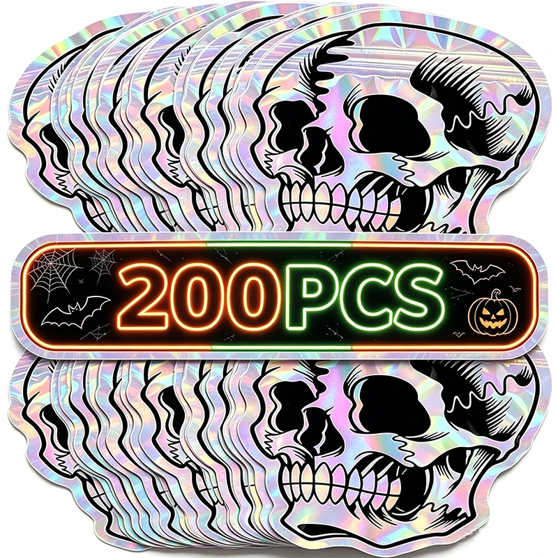 200/5x Halloween-Totenkopf-Laserbeutel, selbstverschließende, wasserdichte Beutel für Kekse, Snacks, Schmuck, wiederverwendbar, für Halloween-Partys, lustige Geschenktaschen