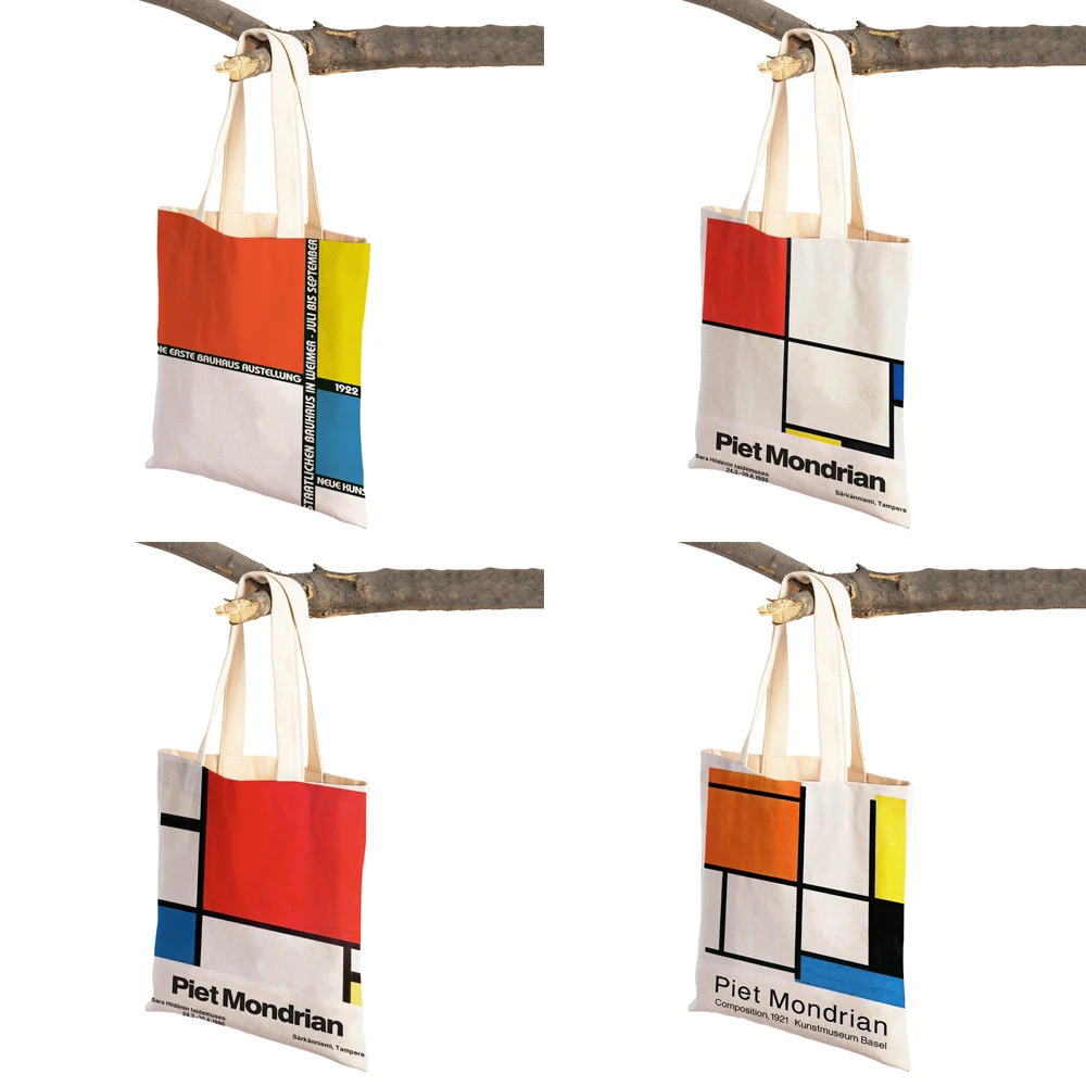 Piet Mondrian Geometric Line Color Block Double Print Shopping Bag Women Shopper Bags Lady Canvas Tote Reusable Travel Handbag