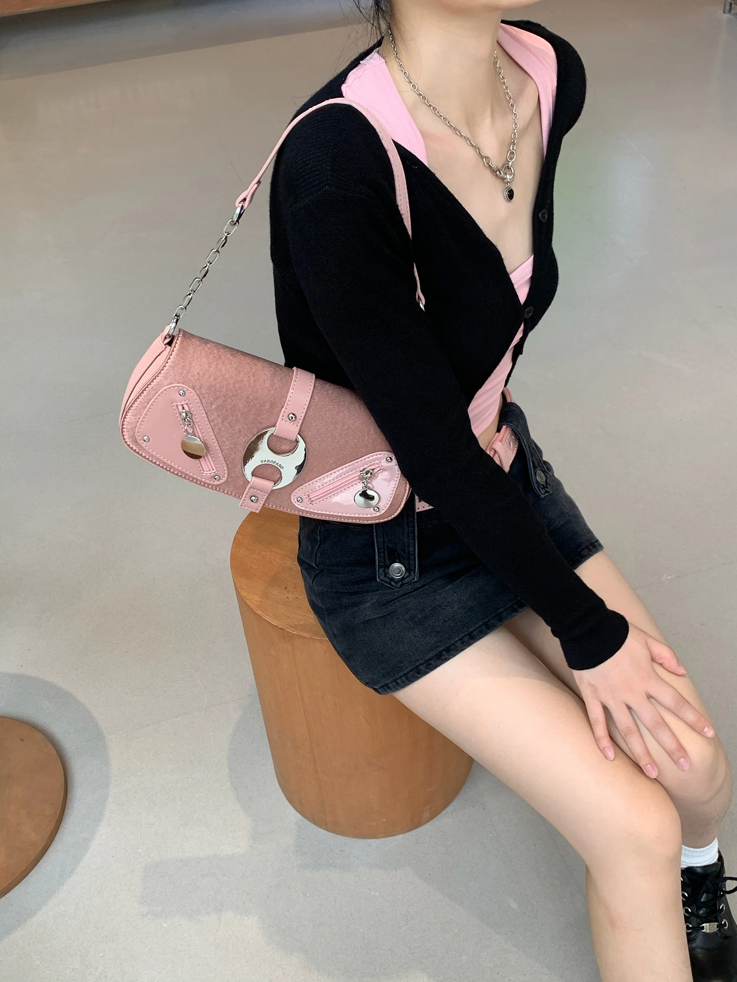 Borsa a tracolla riflettente con anello in metallo a doppio foro Spice Girl di nicchia dal design originale
