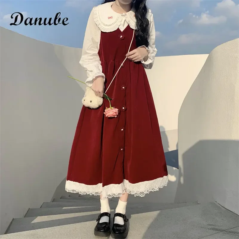 Vintage Long Sleeves Lolita Dress Women Japanese Kawaii Peter Pan Collar Shirt+High Waist Strap Midi Dress Female Party Vestidos